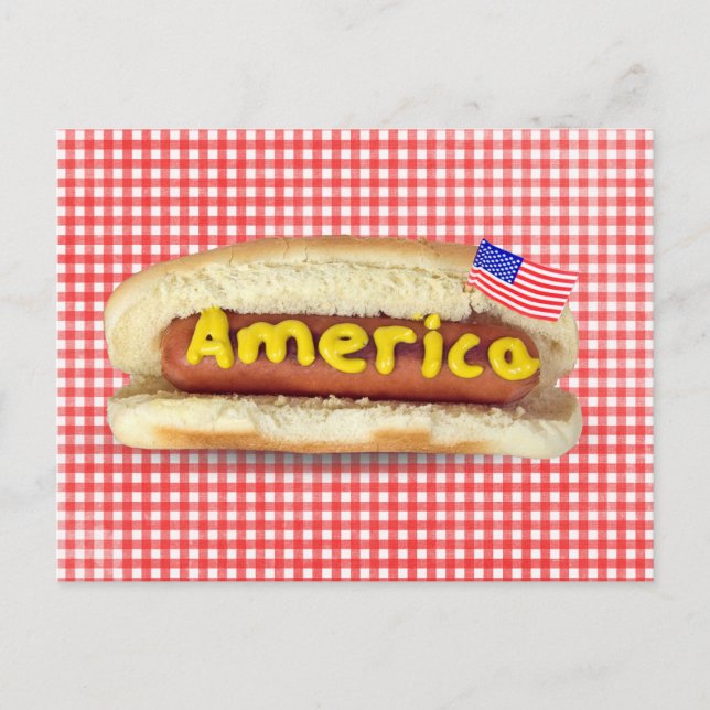 Patriotic Hot Dog auf Gingham Postcard Postkarte (Vorderseite)