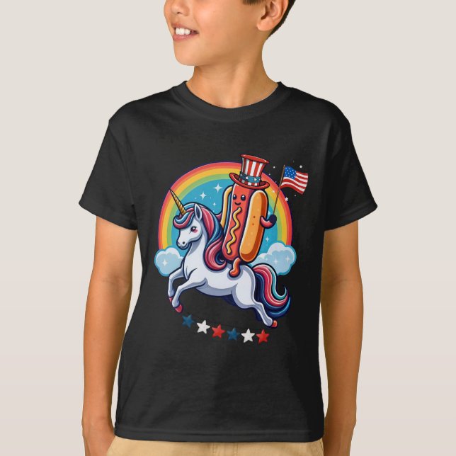 Patriotic Hotdog Riding Unicorn 4. Juli amerikanis T-Shirt (Vorderseite)