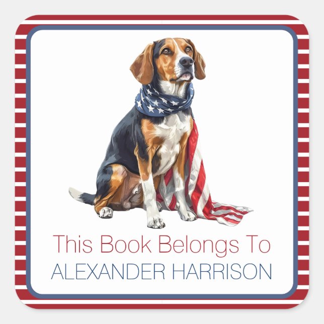 Patriotic Hound Hund Personalisiertes Buchzeichen Quadratischer Aufkleber (Vorderseite)