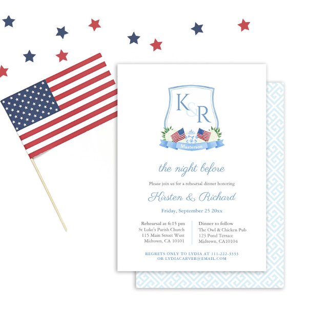 Patriotic Hydrangea Wappen Hochzeit Probe Dinner Einladung (Red White And Blue Watercolor Crest Wedding Rehearsal And Welcome Dinner Invitation)