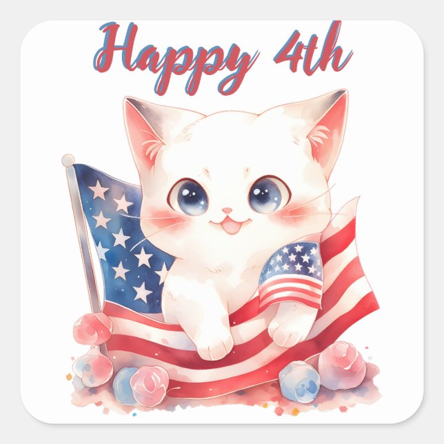 Patriotic Kitten 4. Juli Happy 4. Custom Quadratischer Aufkleber (Vorderseite)