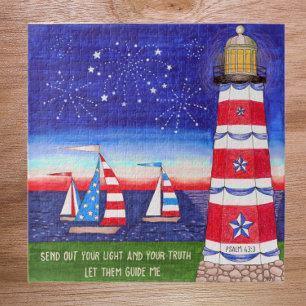 Patriotic Lighthouse and Sailboats Inspirational Puzzle