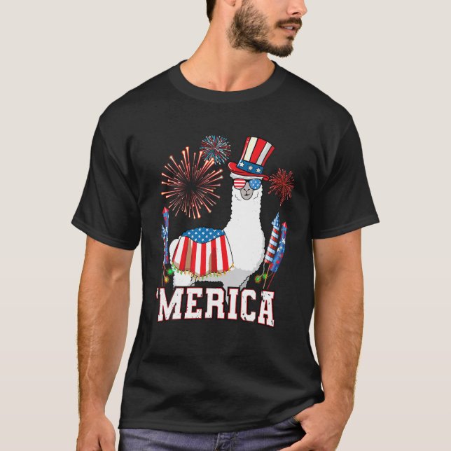 Patriotic Llama Merica Funny 4. Juli Feuerwerk T-Shirt (Vorderseite)