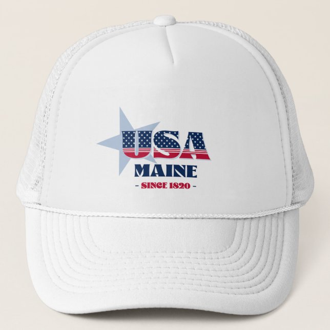 Patriotic Maine Typografie Trucker Hat Truckerkappe (Vorderseite)
