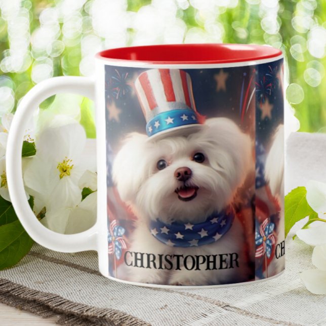 Patriotic Maltese Puppy Dog USA Flag Personalisier Zweifarbige Tasse (Von Creator hochgeladen)