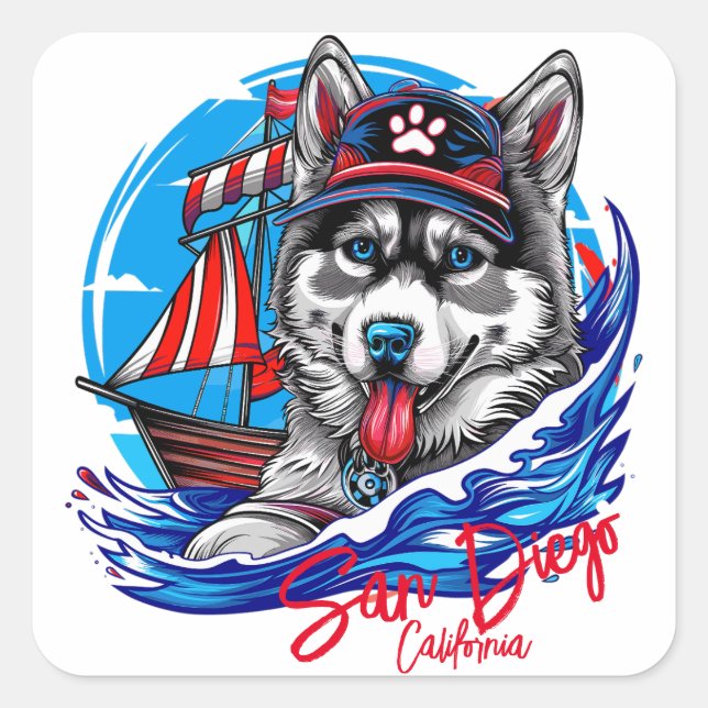 Patriotic Maritime Husky Malamute Dog, San Diego Quadratischer Aufkleber (Vorderseite)
