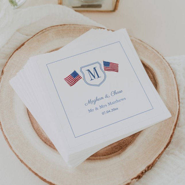 Patriotic Monogram Wedding Wappen USA Flags Party Serviette (Patriotic wedding napkins with a ,monogram couples crest and twin USA flags)