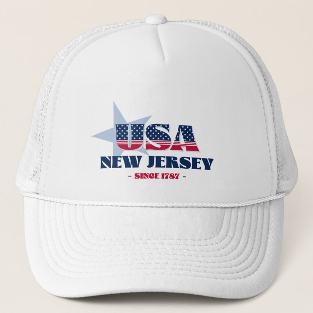 Patriotic New Jersey Typografie Trucker Hat Truckerkappe (Vorderseite)