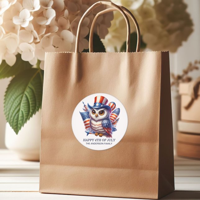 Patriotic Owl Top Hat Red White Blue 4. Juli Runder Aufkleber (Happy 4th of July patriotic owl gift bag sticker)