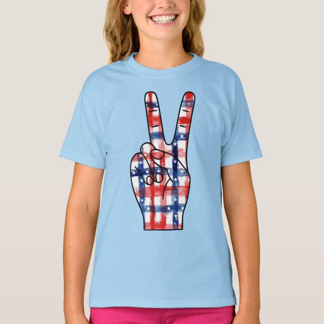 Patriotic Peace Sign Hand Abstract US Flag Pattern T-Shirt (Vorderseite)