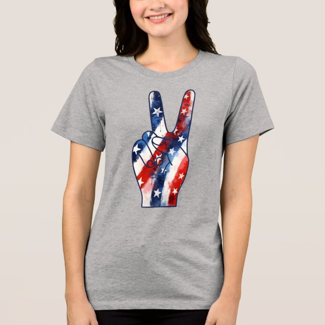 Patriotic Peace Sign Hand Wavy US Flag Pattern Tri-Blend Shirt (Vorderseite)