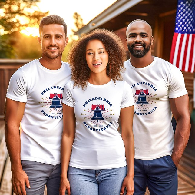 Patriotic Pennsylvania Liberty Bell T - Shirt (Three friends wear the Philadelphia Liberty Bell T-shirt designed by The American Family.)