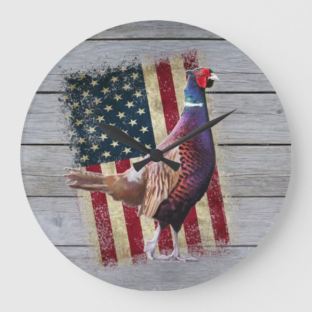 Patriotic Pheasant Jagd Décor große Uhr (Vorderseite)