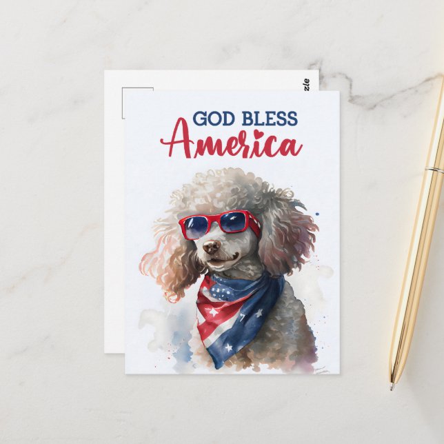 Patriotic Poodle, Gott segne Amerika Postkarte (Vorderseite/Rückseite Beispiel)