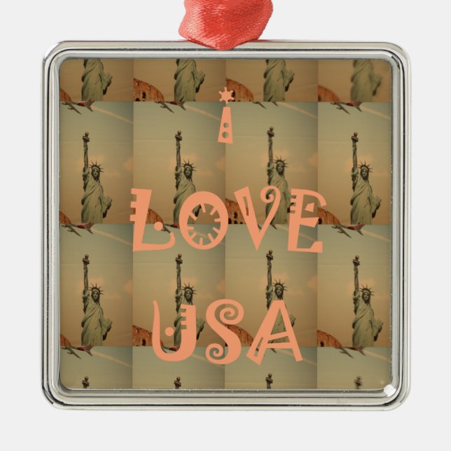 Patriotic Pop Art: "I Liebe USA" Grafikdesign Silbernes Ornament (Vorne)