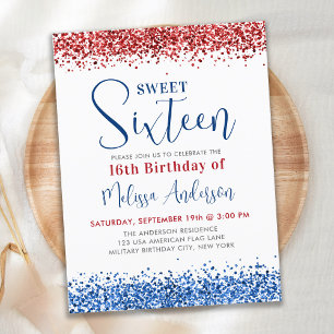 Patriotic Red Blue Glitzer Sweet 16 Birthday Party Einladungspostkarte