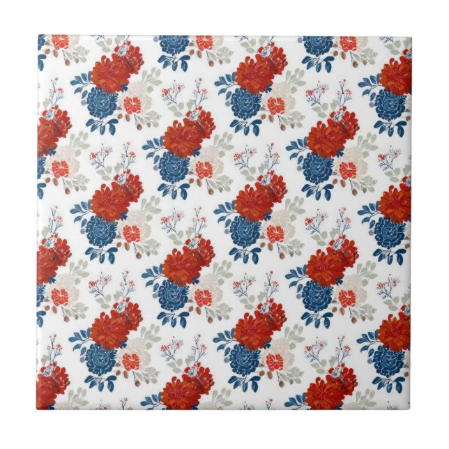 Patriotic Red Blue White Floral (4) Fliese (Vorderseite)