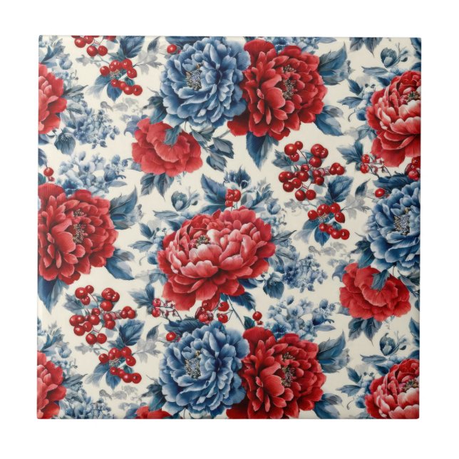 Patriotic Red Blue White Floral (7) Fliese (Vorderseite)