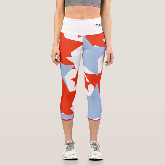 Patriotic Red Light Blue Stars Namensangebot Capri Leggings (Vorderseite)