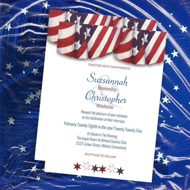 Patriotic Red White Blue Bunting Top Stars Einladung (front & back of red, white, and blue bunting wedding invitation template)