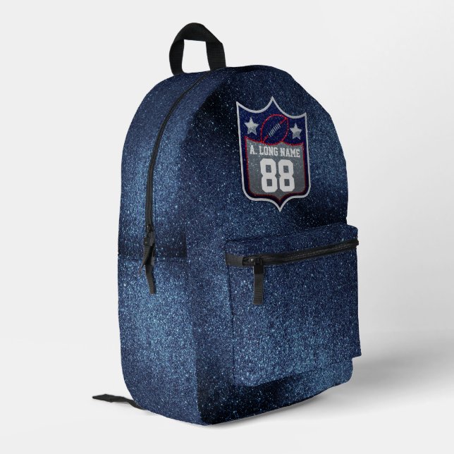 Patriotic Red White & Blue Glitter Football Team  Bedruckter Rucksack (Rückseitige Ecke links)