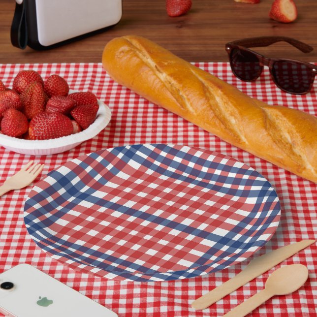 Patriotic Red White Blue Kariert Stripes Pappteller (Picknick)