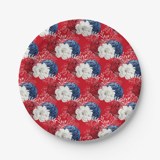 Patriotic Red White Blue Rose Bouquet Pappteller (Vorderseite)