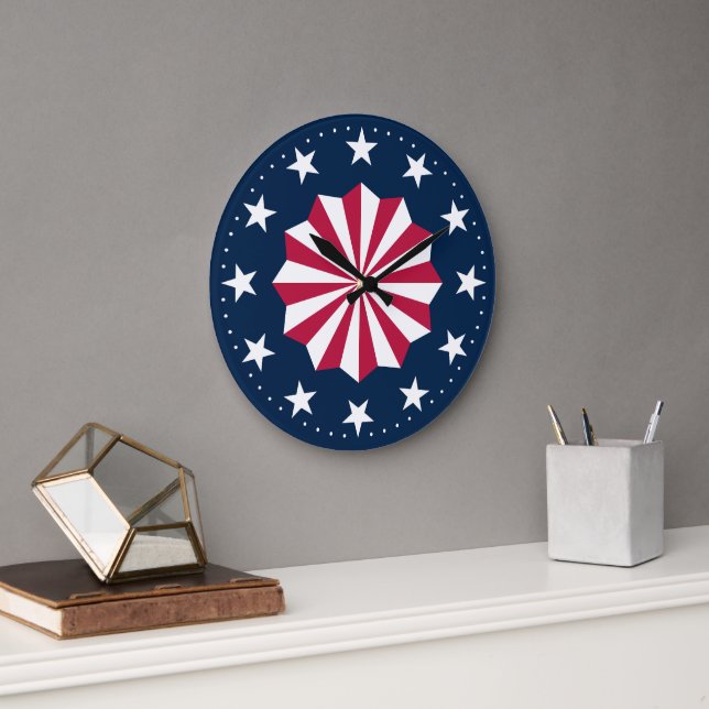 Patriotic Red White Blue Stars Stripes Rosette Große Wanduhr (Büro)