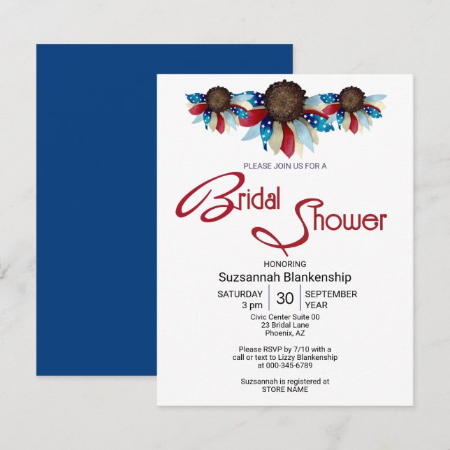 Patriotic Red White Blue Top Border Halbierte Blum Einladung (Vorne/Hinten)