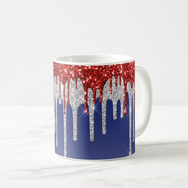 Patriotic Red White Glitter Drip Blue Kaffeetasse (VorderseiteRechts)