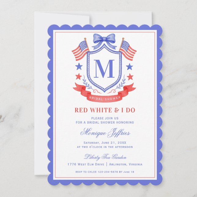 Patriotic Red White & I Do Monogram Bridal Shower Einladung (Vorderseite)