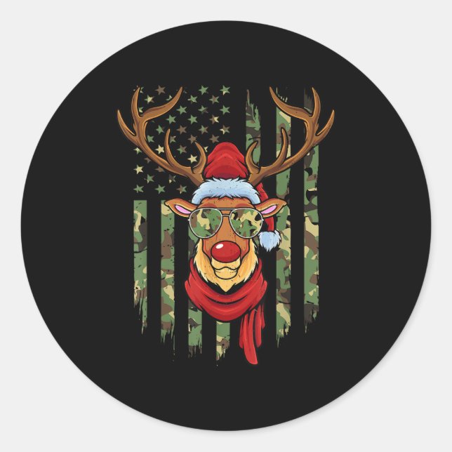 Patriotic Reindeer Camo American Flag Veteran Chri Runder Aufkleber (Vorderseite)