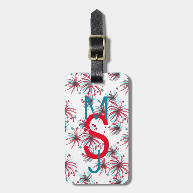 Patriotic Rocket Pop 4. Juli Fireworks Monogram Gepäckanhänger (Vorderseite vertikal)