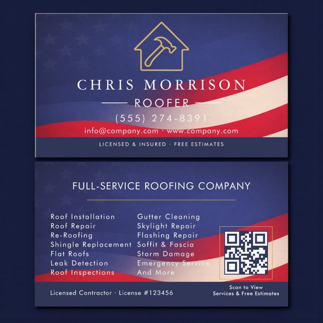 Patriotic Roofing Roofer QR Code Professional Visitenkarte (Von Creator hochgeladen)