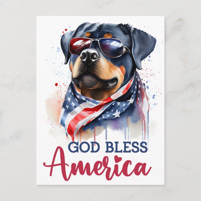 Patriotic Rottweiler, Gott segne Amerika Postkarte (Vorderseite)