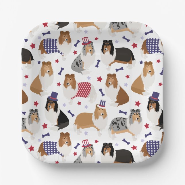 Patriotic Rough Collie Musterpapier Teller (Vorderseite)