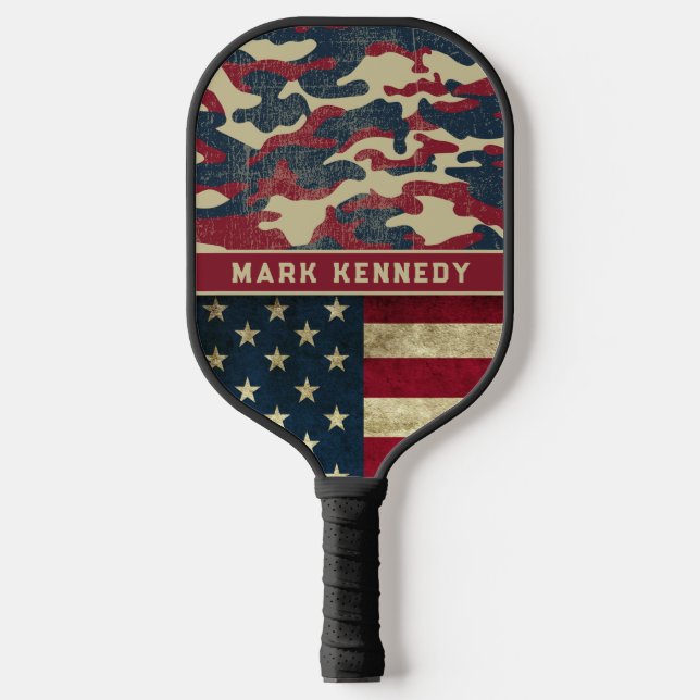 Patriotic Rustic American Flag Camouflage Muster N Pickleball Schläger (Vorderseite)