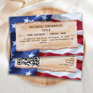 Patriotic Rustic Wood USA Flag QR Code Visitenkarte