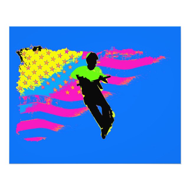 Patriotic Scooter Rider und US Flag Artwork Fotodruck (Vorne)