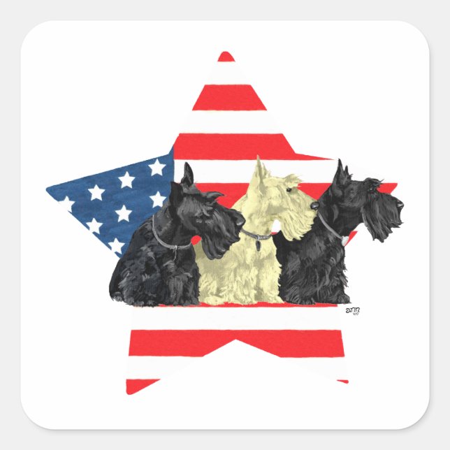 Patriotic Scottish Terriers auf Star Quadratischer Aufkleber (Vorderseite)