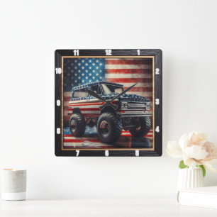 Patriotic Semi-Truck American Flag Quadratische Wanduhr