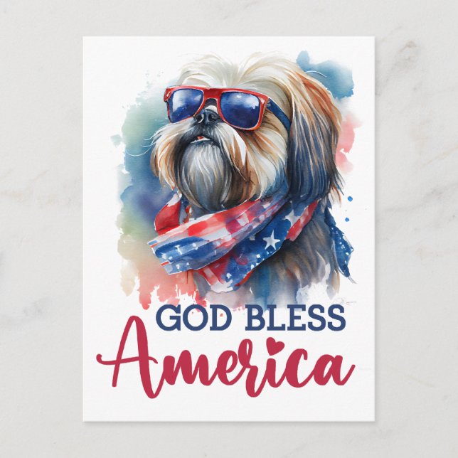 Patriotic Shih tzu, Gott segne Amerika Postkarte (Vorderseite)