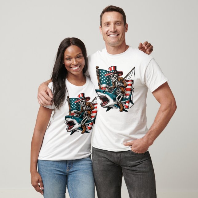 Patriotic Skeleton Shark Fishing T-Shirt (Unisex)
