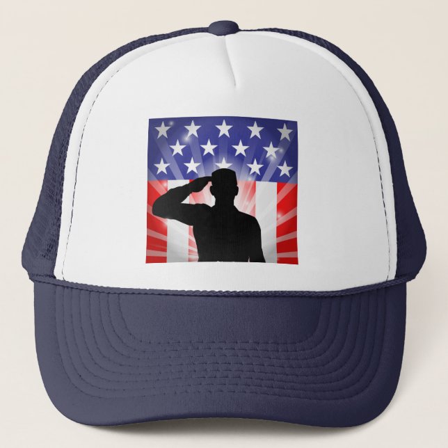 Patriotic Soldier Saluting American Flag Hat Truckerkappe (Vorderseite)