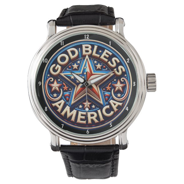 Patriotic Star 'God Bless America' Text Armbanduhr (Vorderseite)