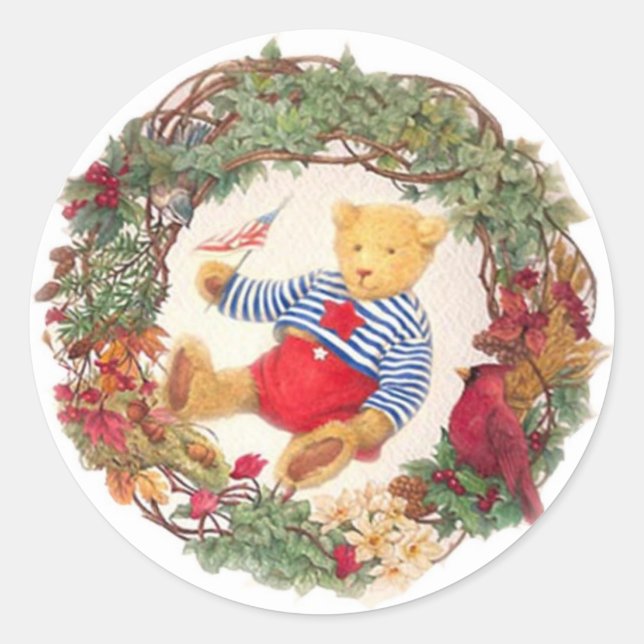 Patriotic Teddy Bear Holiday Wreath Runder Aufkleber (Vorderseite)