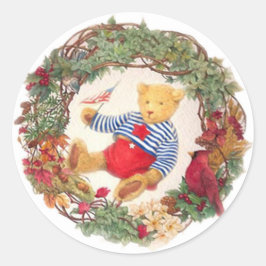 Patriotic Teddy Bear Holiday Wreath Runder Aufkleber