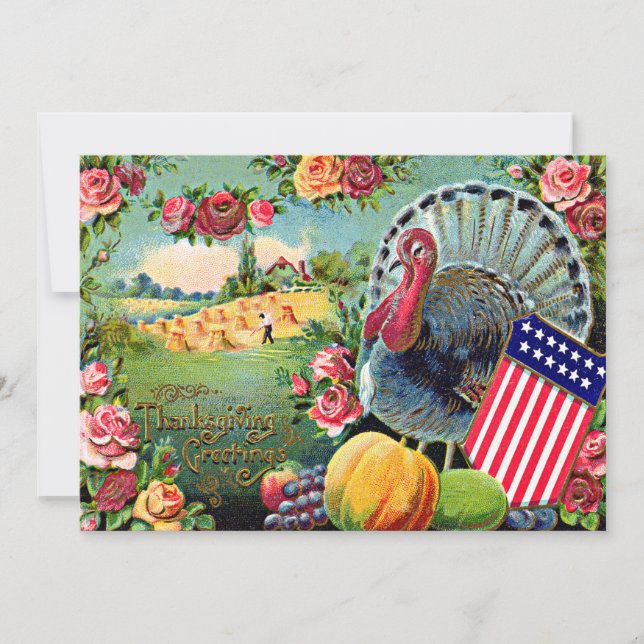 Patriotic Thanksgiving Turkey Harvest Rose Feiertagskarte (Vorderseite)