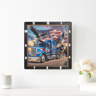 Patriotic Truck Eagle Wolf USA Quadratische Wanduhr