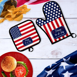 Patriotic U.S. Flag Happy 4. Juli Familienname Ofenhandschuh & Topflappen-Set